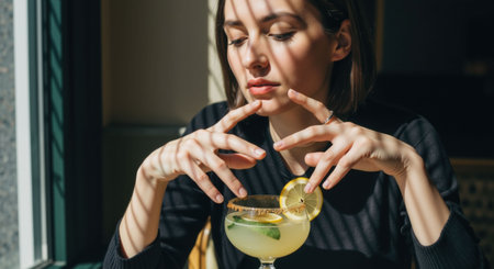 Woman looking at a refreshing cocktail with lemon and mint in a sunlit setting, perfect for summer drinks and relax concept.の素材