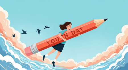 A cartoon woman flying with a giant pencil that says youth day in a creative illustration for international youth day.の素材