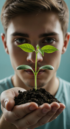 Young man holding a small green plant in soil with cupped hands. Environmental protection and new growth concept. International Youth Day.の素材