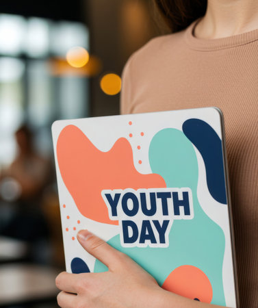 Woman holding a laptop with "Youth Day" text. Celebrating International Youth Day and young generation future.の素材