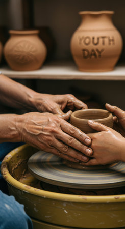 Senior woman and young person hands on pottery wheel shaping clay pot. Teaching craft and skill. Generational wisdom transfer.の素材