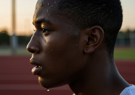 Close up of a male runner with sweat drops on his face after intense sport activity, concept for International Youth Day.の素材