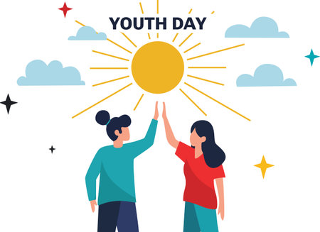 A bright and friendly Youth Day illustration showing two young individuals giving each other a high-five in front of a large sun with rays extending outward. The sky is decorated with clouds and small sparkling stars, with the phrase "YOUTH DAY" positioned above the sun, symbolizing unity and optimism.のイラスト素材