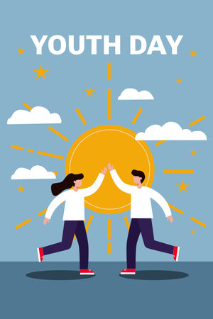 A vibrant and uplifting illustration for Youth Day, featuring two young people facing each other and fist-bumping beneath a large, radiant sun. The background is a cheerful sky with fluffy clouds, and the text "YOUTH DAY" is prominently displayed at the top, emphasizing celebration and positivity.のイラスト素材
