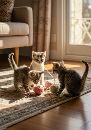 Three cute tabby kittens playing with yarn balls on a rug in a bright living room, domestic animal childhood.の素材