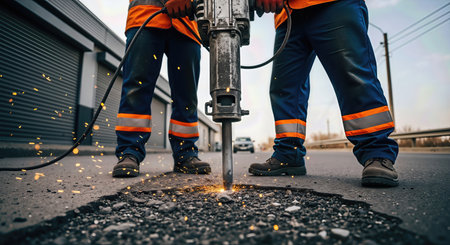 Worker cutting asphalt with a grinder machine, close-upの素材