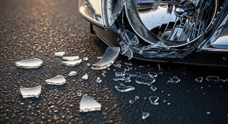 Broken car headlight on the road after collision with another carの素材
