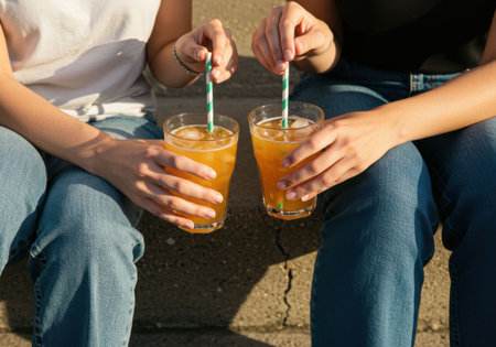 Two women holding cold drinks with straws on a sunny day. Summer beverage for relaxation and refreshment.の素材