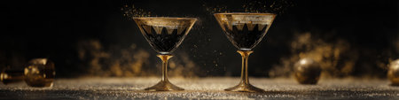 Elegant champagne glasses with sparkling gold glitter on a black background, representing celebration and luxury for New Year or Christmas party.の素材