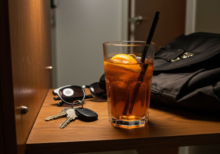 Orange cocktail in glass with sunglasses and keys on wooden table. Refreshing drink concept. For bar menu or summer party.の素材