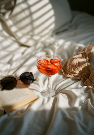 Strawberry cocktail in glass on crumpled bed with book and sunglasses, light from window, romantic morning relaxationの素材