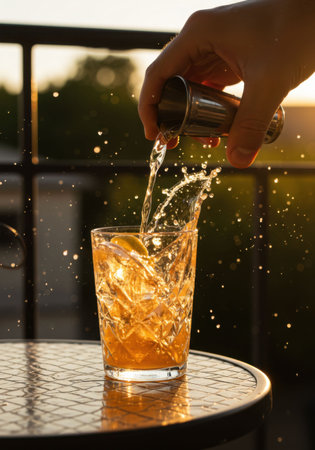 A man is pouring a cocktail into a glass on a table with a splash phenomenon during sunset. Summer drink.の素材