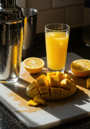 Close up of cocktail shaker, cubed mango, and fresh lemon. Drink ingredients for a tropical beverage on a kitchen counter.の素材