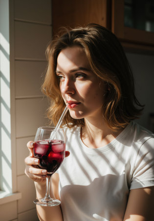 A young woman holds a glass of red berry drink with ice and a straw, enjoying a refreshing moment indoors.の素材