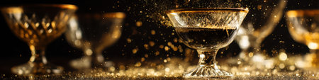 Elegant golden glitter falling into a fancy cocktail glass on a dark background, creating a festive blur of light for celebration.の素材