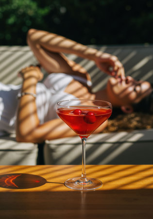 Red cocktail with cherries on a table with a blurred woman lounging in the background, a drink for summer relaxation.の素材