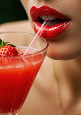 Woman with red lipstick drinking a refreshing strawberry cocktail from a glass using an elegant straw for party beverage.の素材