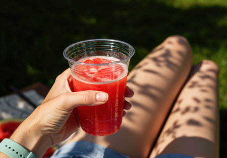 A female hand holds a red cold drink with ice in a plastic cup, relaxing outdoors on a sunny summer day. Refreshing beverage concept.の素材