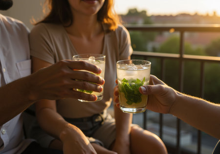 Man and woman toast with refreshing mojito cocktails on balcony at sunset. Summer drink and party concept.の素材