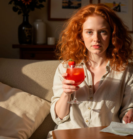 A red haired woman relaxing in living room holding a strawberry cocktail. Beautiful caucasian girl with drink for summer time.の素材