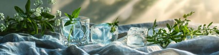 Clear glass with ice cubes and fresh mint leaves for a refreshing drink. Cool beverage concept.の素材
