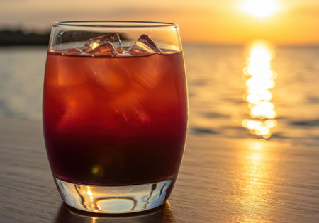 Close up of a red cocktail glass on a table during sunset. Refreshing drink on a summer evening. Orange sky, ocean view, and sun reflection.の素材