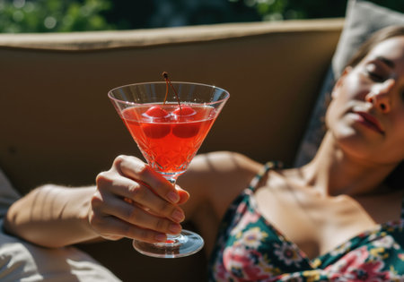 Woman relaxing in a couch with a red cocktail. Summer drink for hot weather. Refreshing beverage with cherry fruit for holiday.の素材