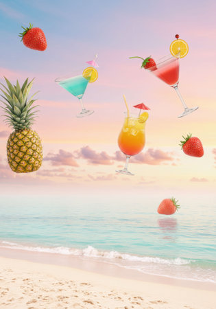 Floating tropical cocktails with strawberries and pineapple hover over a sunny beach with gentle waves. Refreshing summer drinks for vacation inspiration.の素材