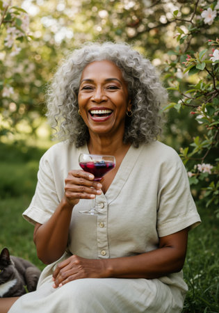 African american woman with gray curly hair sitting in a garden, holding a refreshing fruit cocktail.の素材