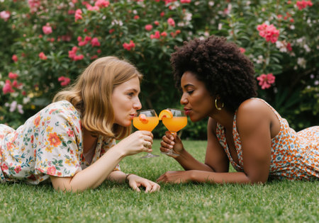 Two women lying on green grass face to face, drinking colorful summer cocktails together in a blooming garden.の素材