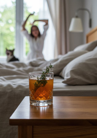 Herbal crafted cocktail on nightstand by bed. Delicious beverage to relax. Bedroom interior background.の素材