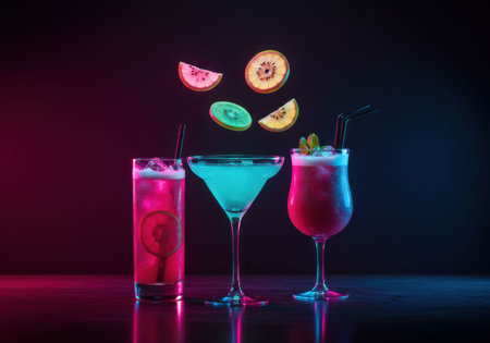 Three vibrant cocktails with suspended fruit slices, illuminated by neon lights. Refreshing drink concept for advertising.の素材