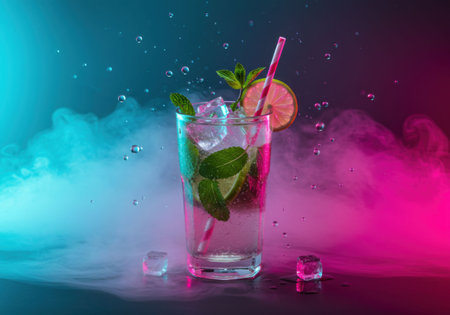 Fresh mojito cocktail with lime, mint, and ice in a glass, with smoke and water splash. Refreshing drink concept.の素材