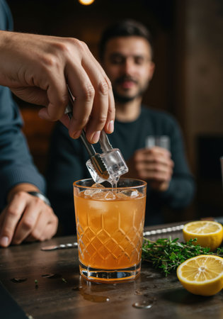 Man bartender adding ice to a cocktail with ice tongs. Alcohol beverage creating process. Drink mixing at the bar.の素材