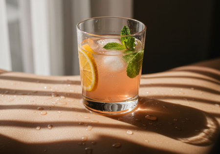 Refreshing summer cocktail with lemon and mint in glass on a woman's body with water drops. Summer drink concept.の素材