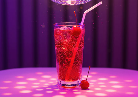 Red cocktail drink with cherry and straw under a disco ball light. Party beverage for celebrate a night out.の素材
