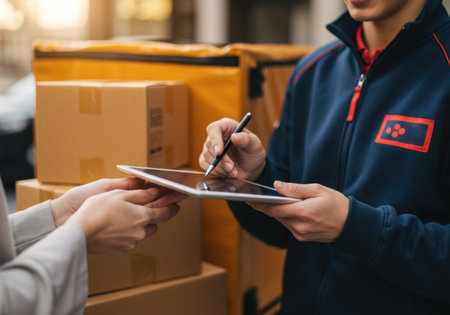 A man delivery driver hand over a delivery to a woman client. Man courier holds a tablet computer for signature confirmation. Modern logistics.の素材