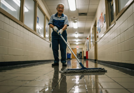 Asian man cleaning the wet floor with a mop in a hallway, janitor at work, professional service, manual labor.の素材