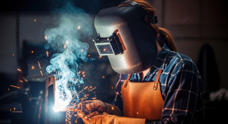 Woman welder at work in factory, sparks and smoke during welding. Blue collar industrial worker. Handcraft and heavy metal fabrication.の素材