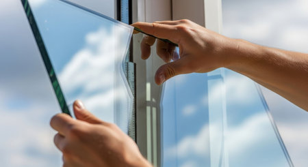 Caucasian man installs glass in a window, hands peeling protective film from new window panes, close up of work.の素材