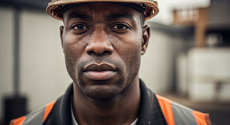 African American man, construction worker, wearing hard hat. Close up portrait of blue collar professional. Manual labor and building site concept.の素材