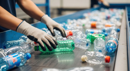 Man sorting plastic bottles on a conveyor belt for recycling. Industrial worker handling waste for environmental sustainability.の素材