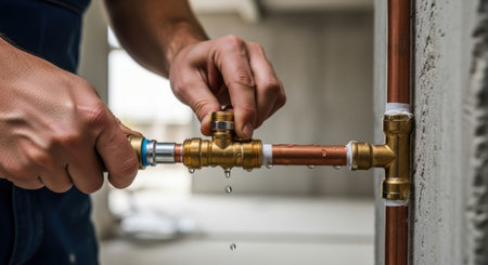 Plumber hands tightening pipe fitting. Close up of male plumber fixing plumbing leak. Professional install service.の素材