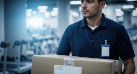 Man, an Arab warehouse worker, carrying a carton box. Delivery person moving parcel in logistics center for shipment and distribution.の素材