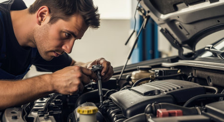 A man who is an auto mechanic looking closely at a car engine. Professional service and repair. Automotive industry concept.の素材