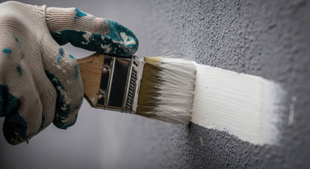 Hand in work glove painting a dark textured wall with a paint brush and white paint. Renovation and home improvement concept.の素材