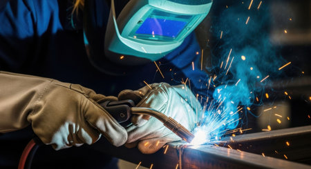 Woman welder at work in workshop or factory. Metal processing with electric arc welding machine and safety equipment.の素材
