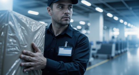 A man worker in a uniform shirt and cap holds a product covered in plastic wrap inside a modern factory.の素材