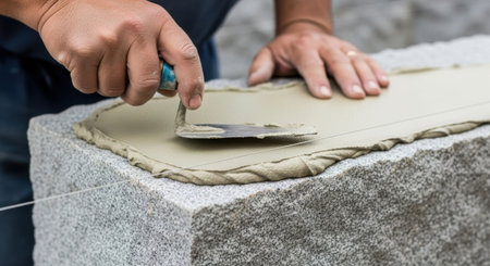 Man working as a stonemason applying mortar to granite block. Construction and building industry. Manual labor and craftsmanship.の素材