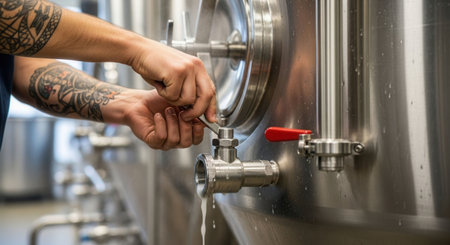 Caucasian man working in brewery by opening a valve on stainless steel tank. Brewmaster managing production, quality control.の素材